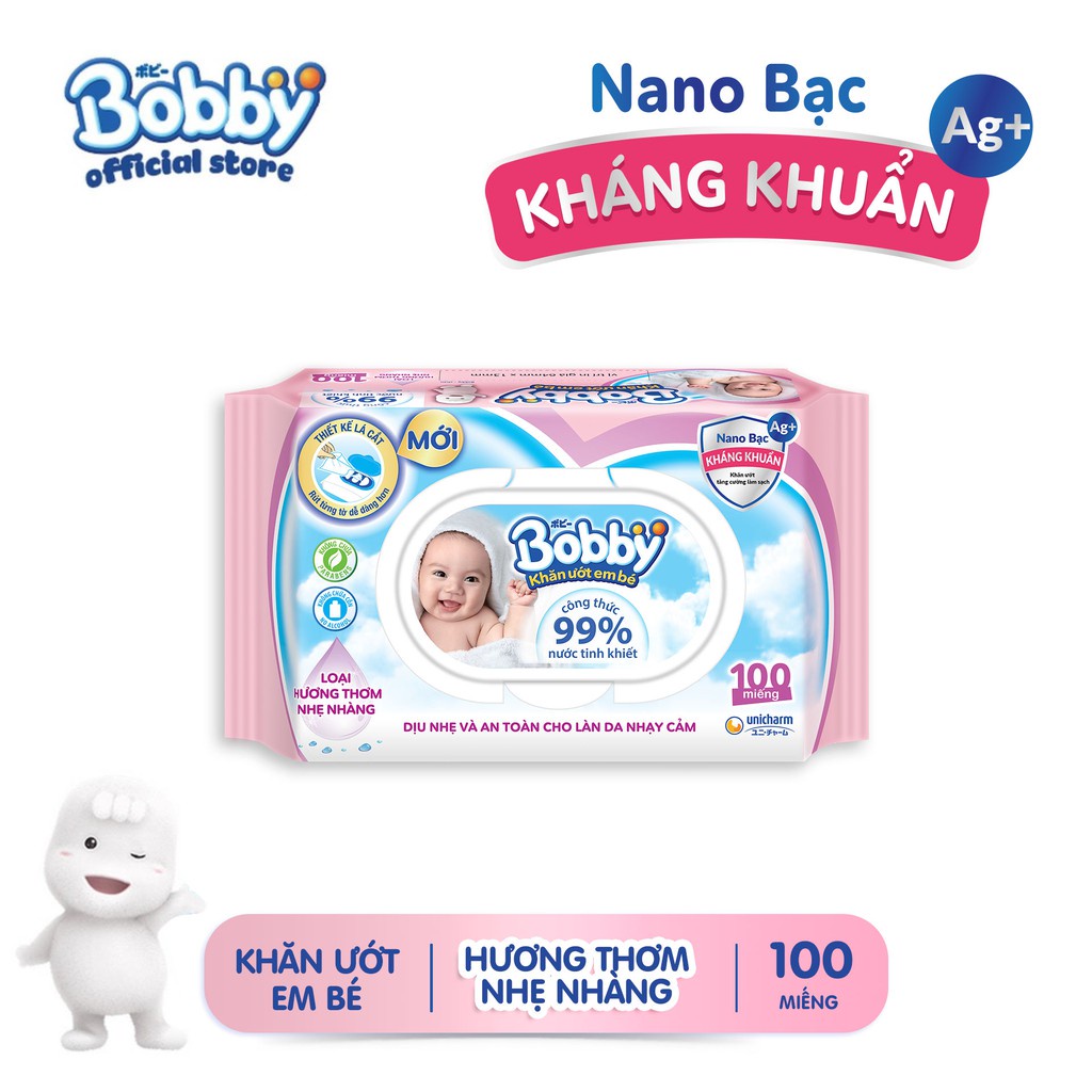 (Sale 50%) Khăn ướt Bobby 100 miếng có mùi và không mùi