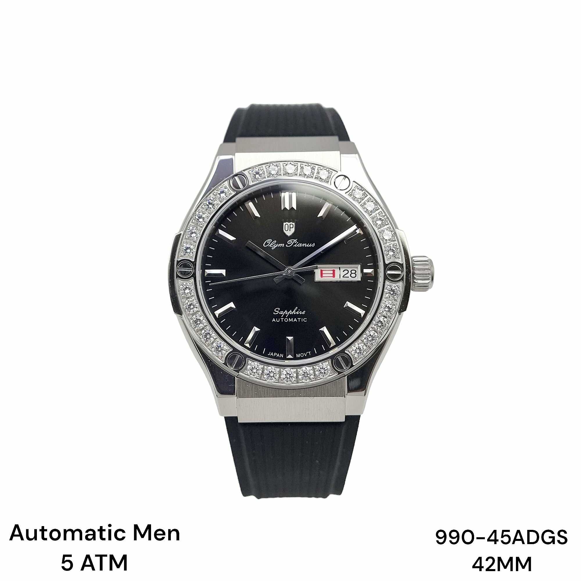 Đồng hồ nam olym pianus op990-45adgs-gl-d automatic dây casu đen mặt đen sapphire