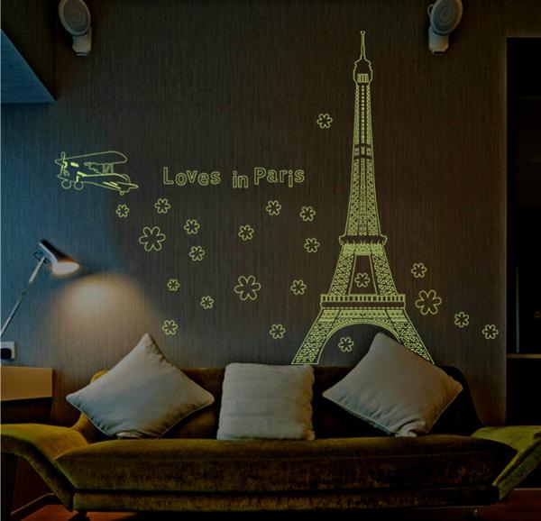 Decal trang trí tường - tháp love in paris dạ quang