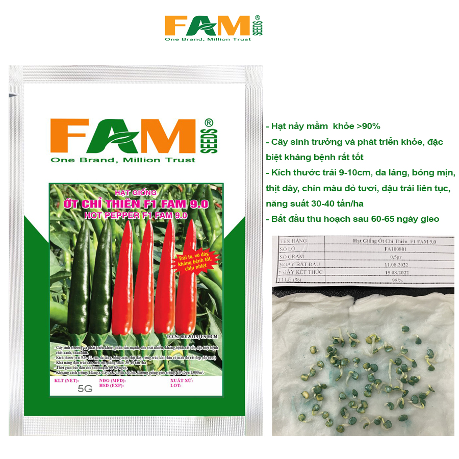 Hạt Giống Ớt Chỉ Thiên F1 FAM 9.0 - Giống Ớt Nảy Mầm Mạnh, Chịu Nhiệt Tốt, Kháng Bệnh Khỏe, Trái Dài 9-10cm, Năng Suất 30-40 tấn/ha