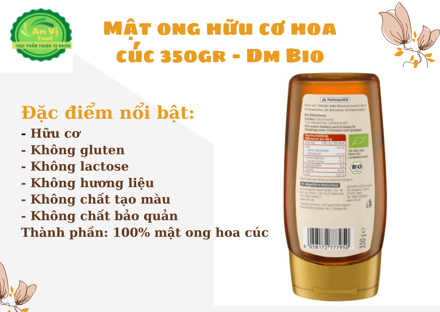 Mật ong hữu cơ hoa cúc 350gr - Dm Bio