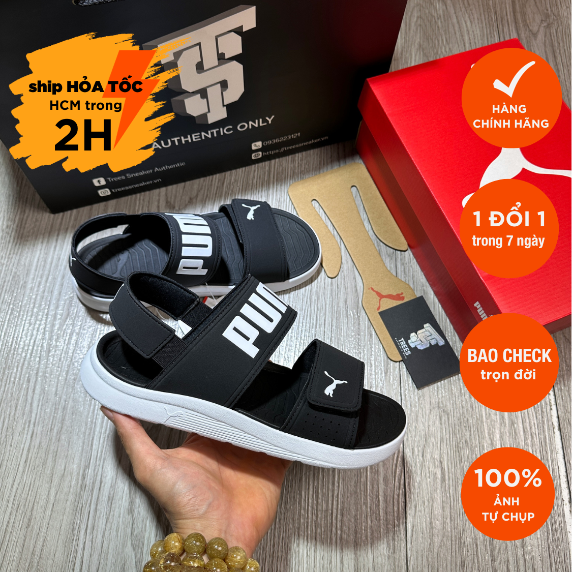 [PUMA XẢ KHO SALE TO] Giày PUMA BACKSTRAP SANDALS BLACK WHITE 385971 02 Full Box Tag Auth