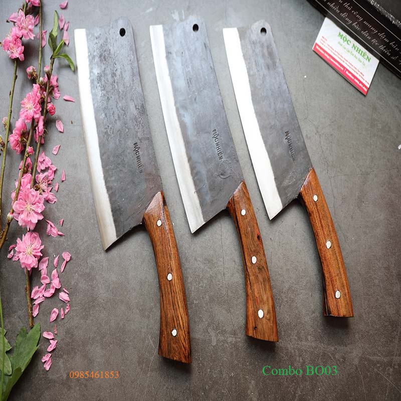 Bộ 3 dao thái, chặt gà, vịt, sườn sắc bén rèn nhíp ô tô Mộc Nhiên Phúc Sen mã BO03