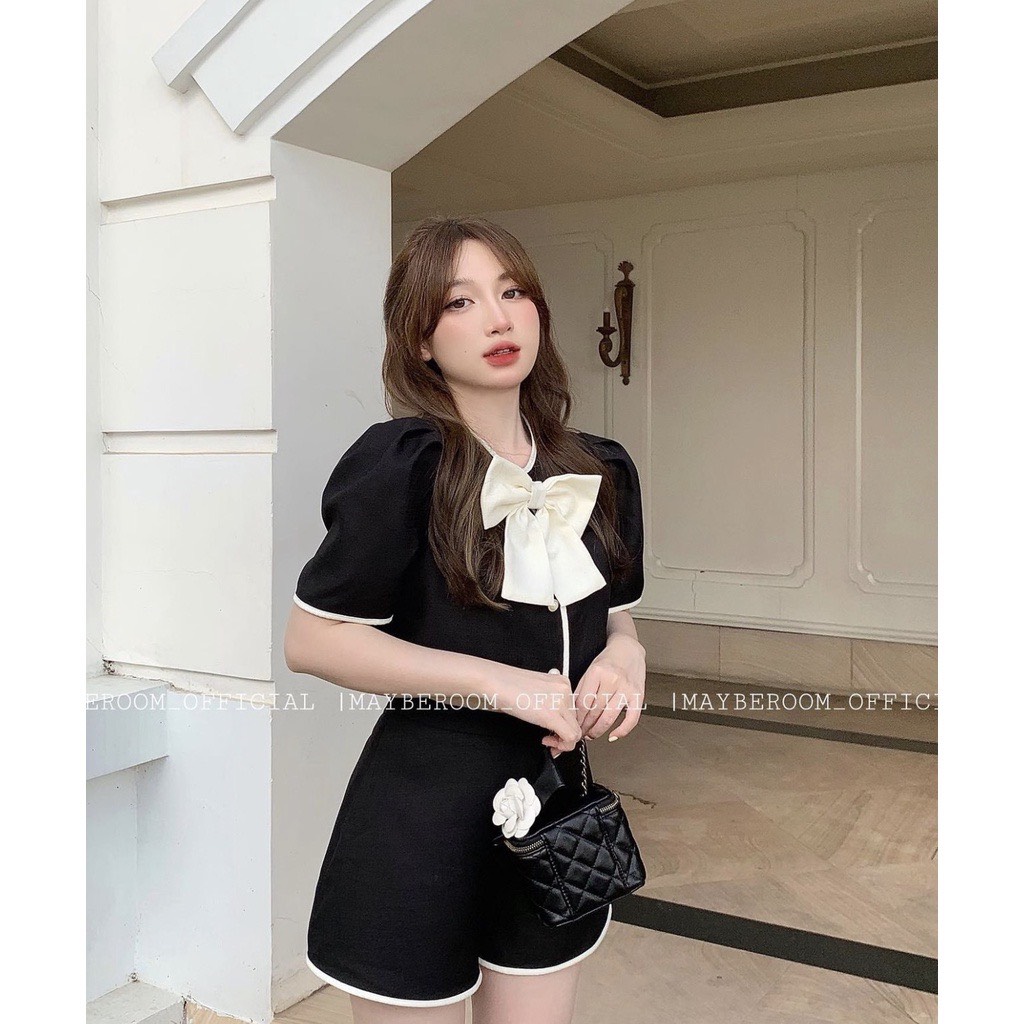 SET áo cổ V tiểu thư nơ to ngực phối viền + quần short basic