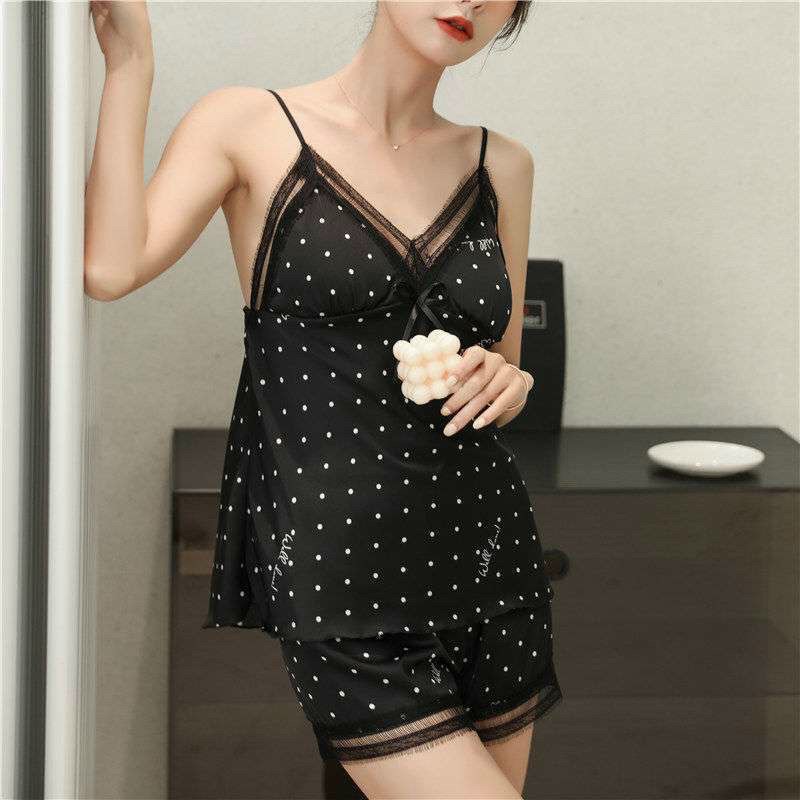 [Hàng Cao Cấp] Bộ Đồ Ngủ Hai Dây Lụa Phối Ren Mút Mỏng Chấm Bi Sexy Tôn Da DN04