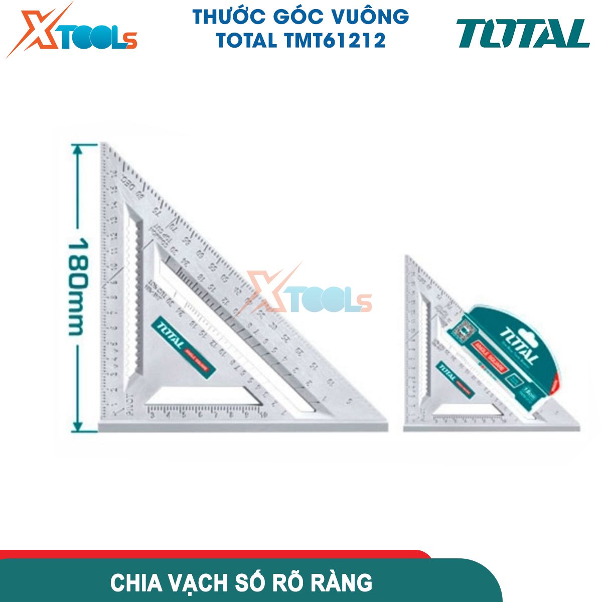 Thước eke vuông 180mm TOTAL TMT61212 nhựa ABS cứng chắc, hệ đo mét, cạnh góc vuông chia rõ dễ đọc XTOOLs