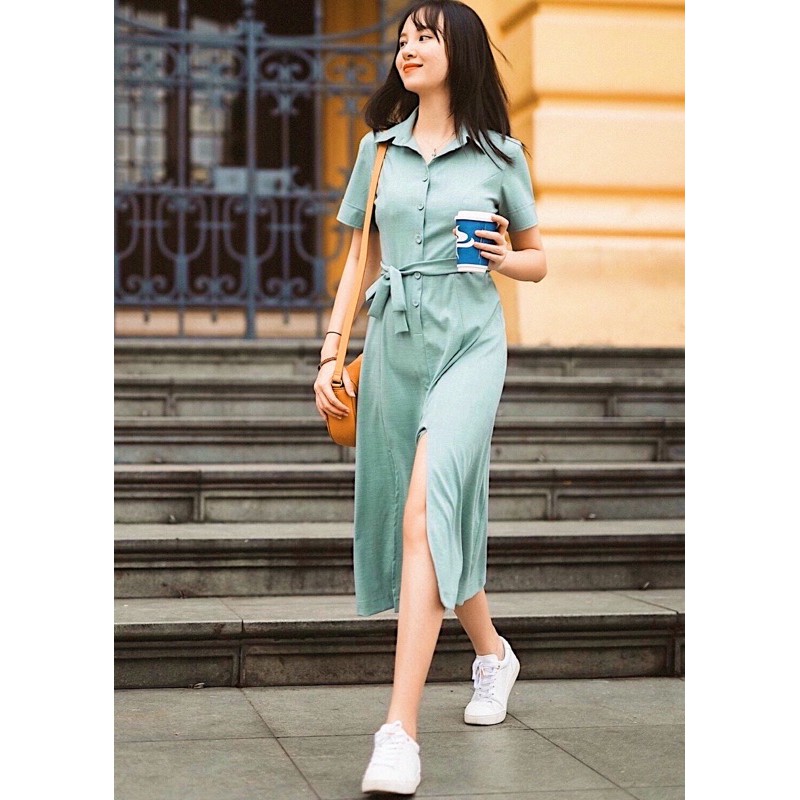 Đầm sơ mi mint xẻ tà ms 70