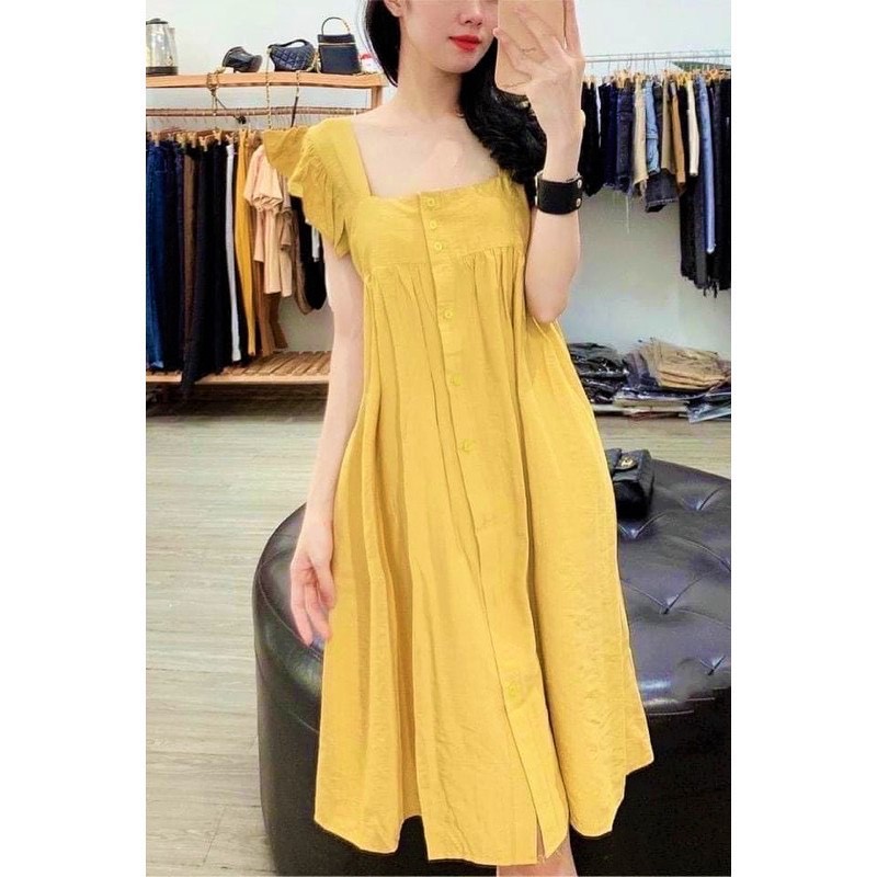 Váy 2 dây - đầm suông nữ 2 dây viền bèo cúc dọc Shynstores vải đũi cao cấp