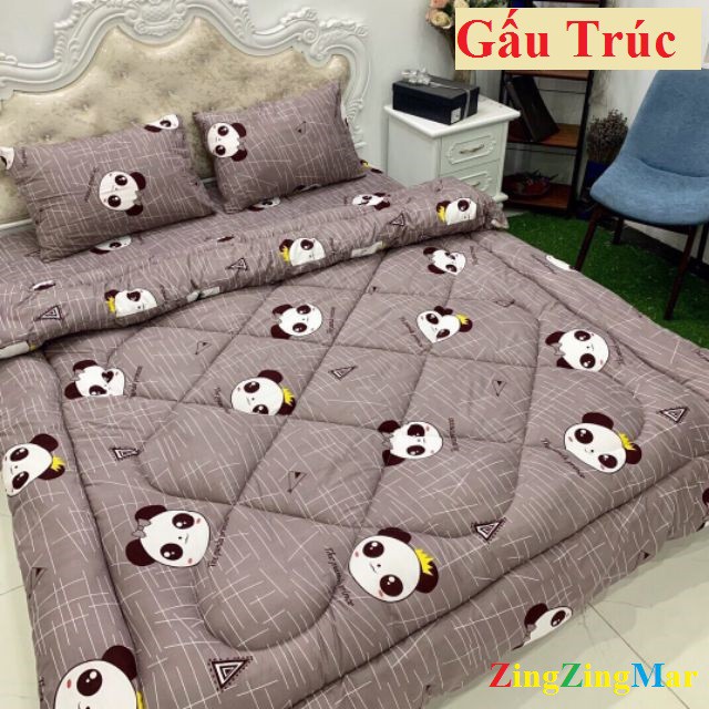 Bộ chăn Phao Kèm Ga Và Vỏ Gối Chất Cotton Poly Mẫu GẤU TRÚC NÂU