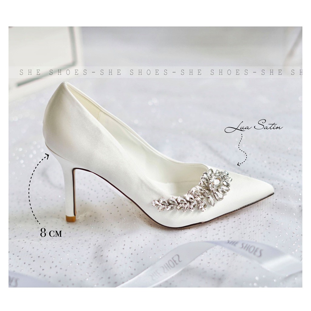 Giày cưới ♥️♥️ Giày cao gót trắng đính đá chiếc lá cao cấp 8p