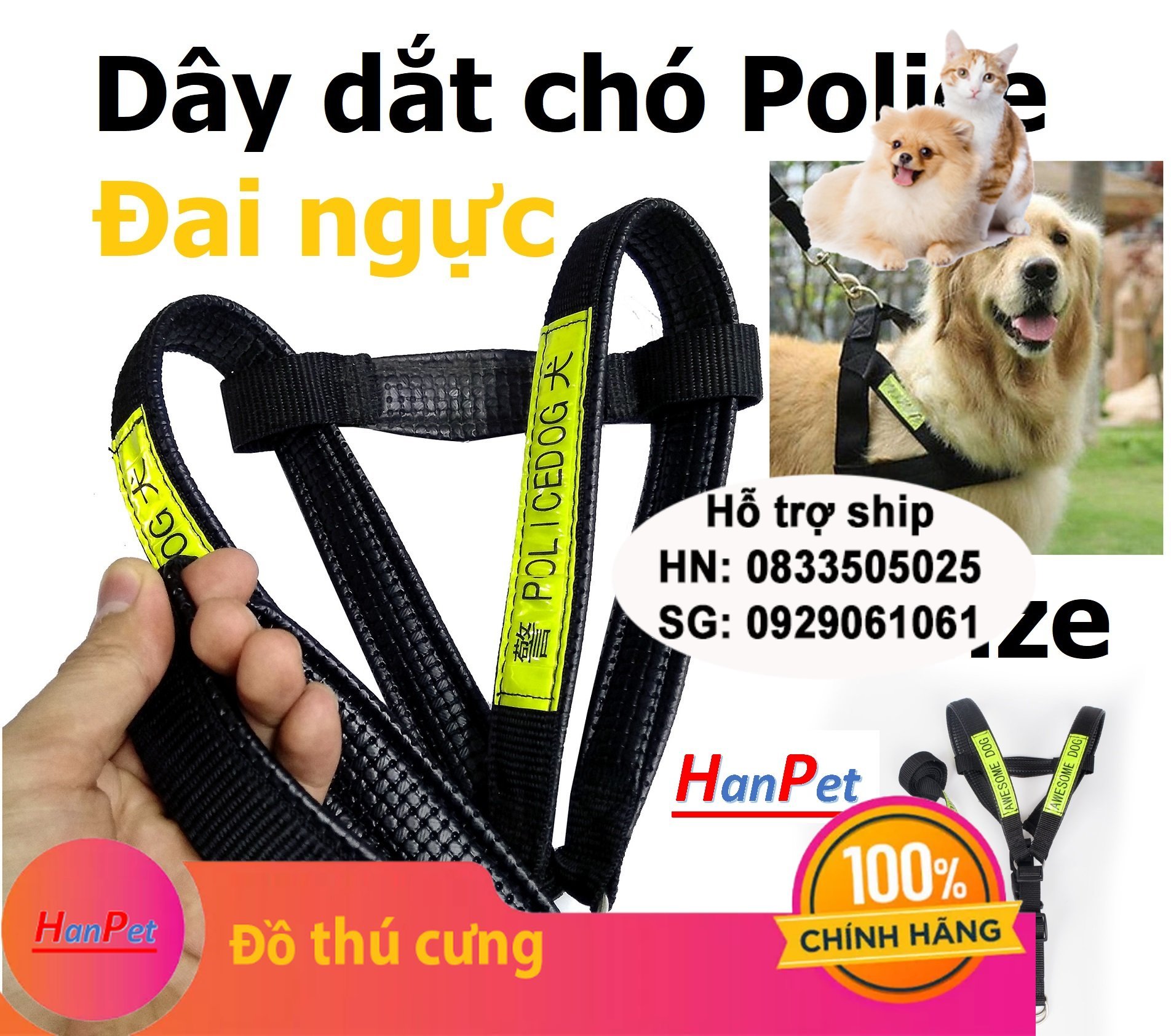 Hanpet - (Bộ) Dây dắt chó hình yên ngựa Police (3 size) dây xích chó phản quang kèm yếm