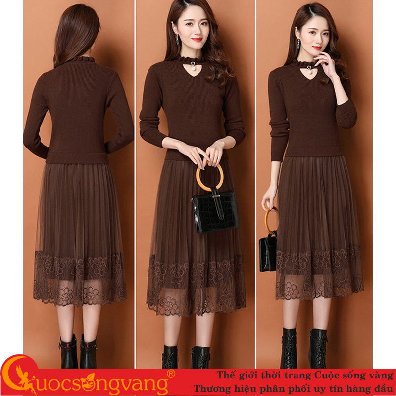 Váy đầm len phối ren váy đầm dài liền thân GLV163 Cuocsongvang