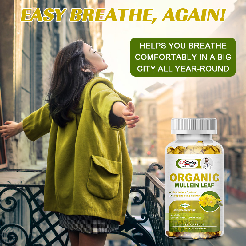 Alliwise Lung Detox Mullein Leaf Capsules bổ sung hô hấp thảo dược để làm sạch phổi, hỗ trợ phổi, cải thiện hô hấp và chức năng miễn dịch