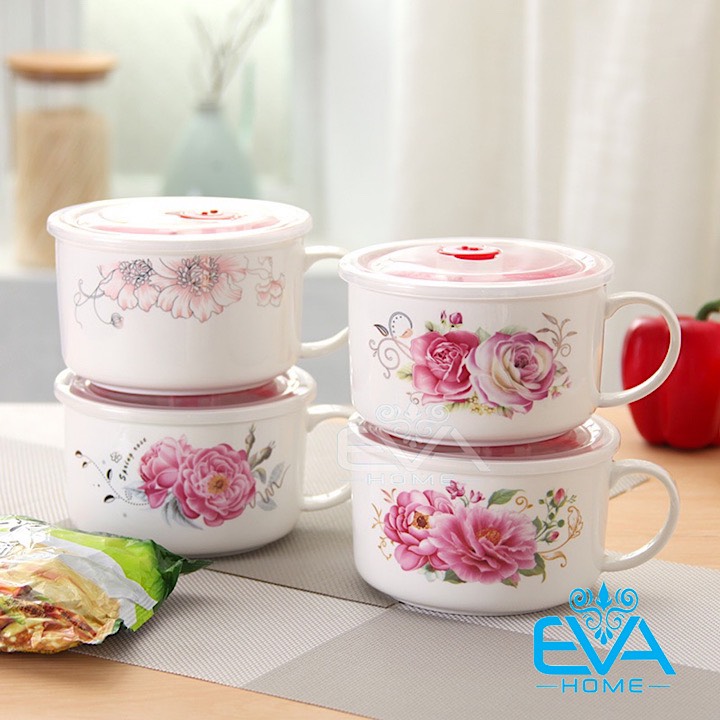 [HCM]Ly Ăn Mì Sứ Họa Tiết Hoa Văn Có Nắp Đậy Chân Không Tiện Dụng