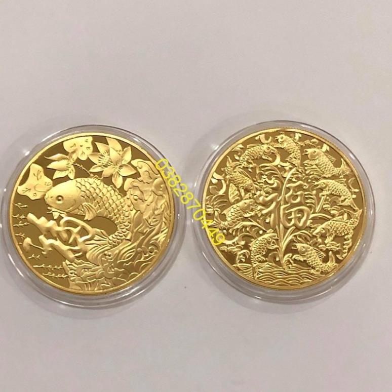 Gold-plated Dragon Carp Fortune Feng Shui Lucky Coin with Brocade Bag