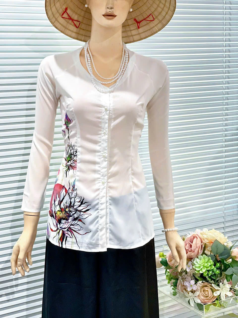 ÁO BÀ BA LỤA IN HOA ĐÀO XINH
