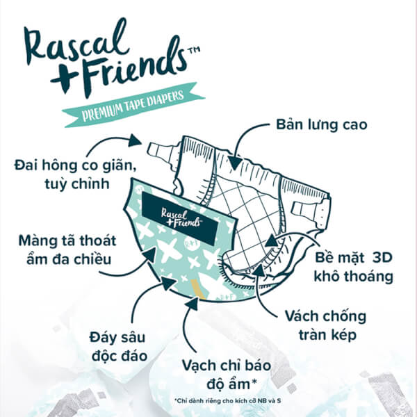 Tã dán sơ sinh Rascal + Friends NB80/S70