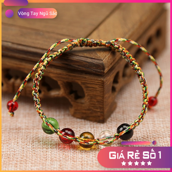 Vòng Đeo Tay Chỉ Ngũ Sắc Đá Phong Thủy 5 Màu Hạt Tròn May Mắn