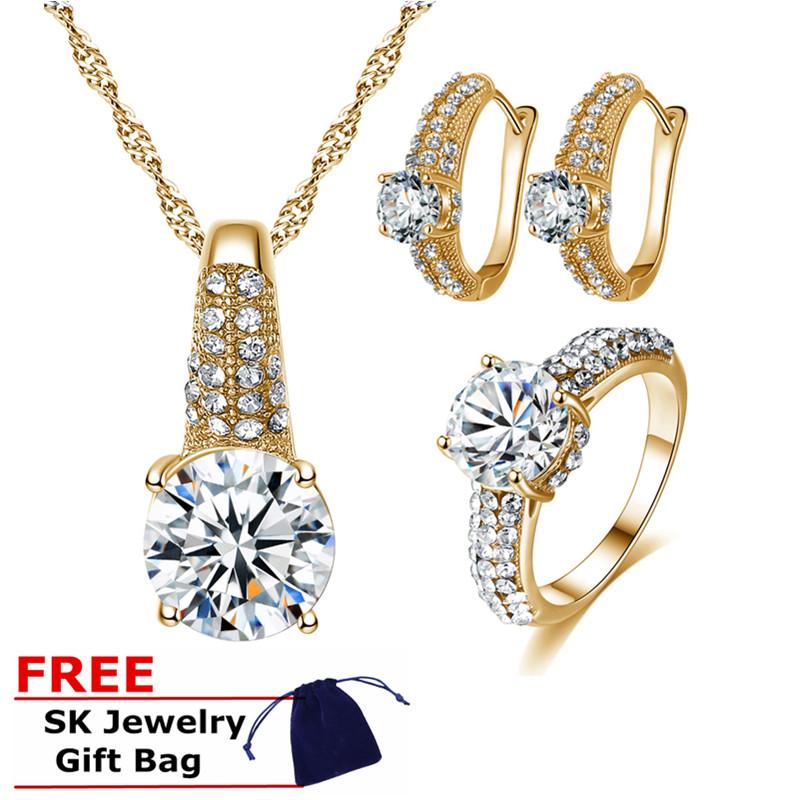❤SKute 4 cái Kim Cương Bộ Trang Sức Kim Cương Giả 14k Vàng Bạc Phong Cách Nhẫn Bông Tai không Phai Tiệc Cưới Vòng Cổ bộ, kèm Túi Đựng Quà