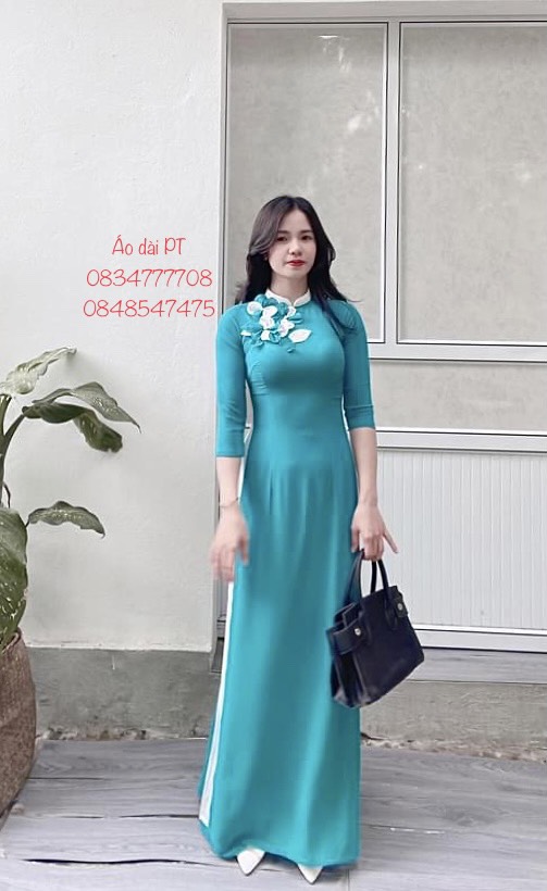 Áo dài đính hoa nổi 2 tà sang chảnh. chất lụa Nhật cao cấp