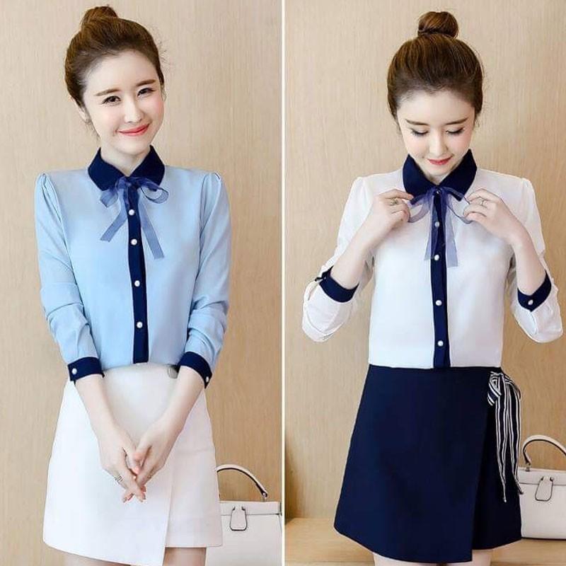[HCM]Áo Sơ Mi Công Sở Viền Cổ Kèm Nơ