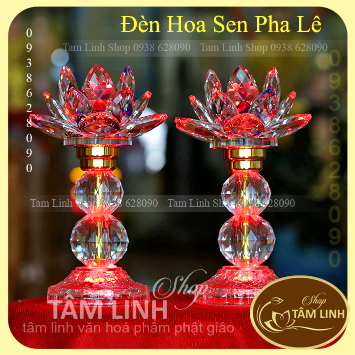 [Có bảo hành] Cặp Đèn Thờ Hoa Sen Pha Lê Cao 25 cm đèn LED đổi 7 màu siêu đẹp.