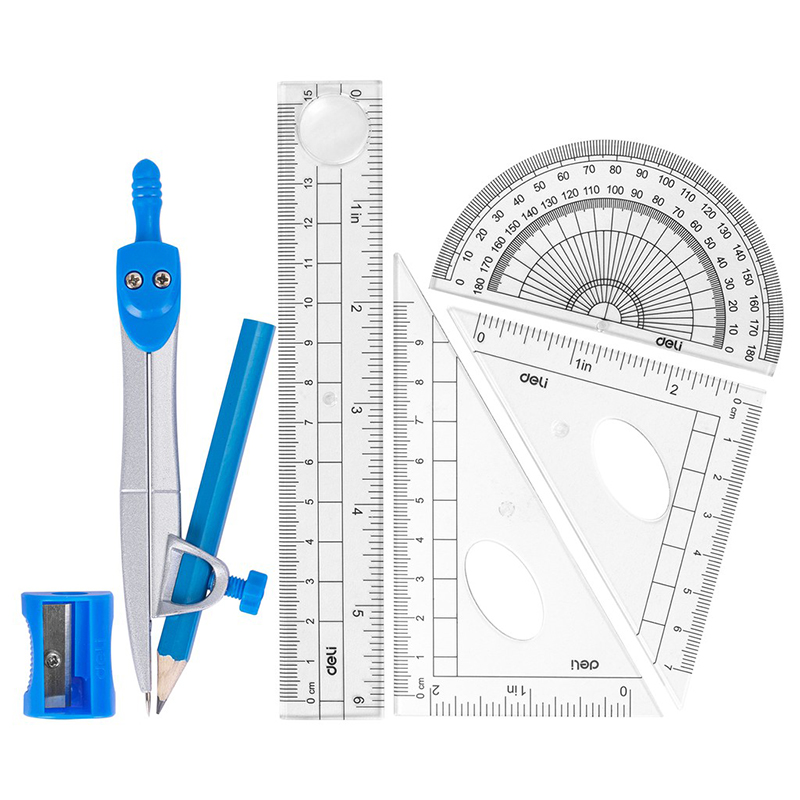 Bộ compa thước Deli 7 loại 15cm chì gỗ H600 (hộp nhựa) (Hồng/Xanh)