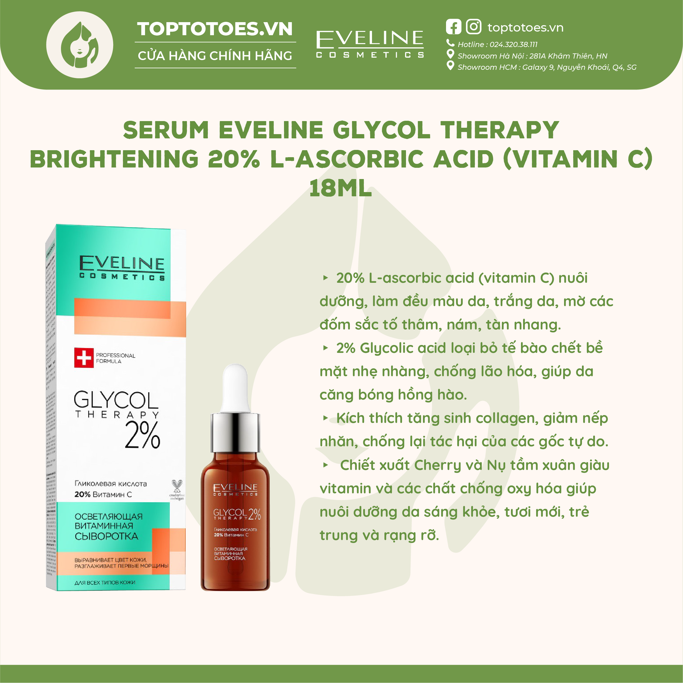 Serum Eveline Glycol Therapy Brightening 20% L-ascorbic Acid (Vitamin C) dưỡng da trắng sáng, căng bóng, đều màu