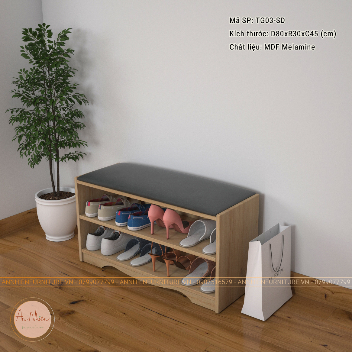 (TG03-CN)Tủ Giày Cao Cấp Kiêm Ghế Nệm Ngồi Thay Giày