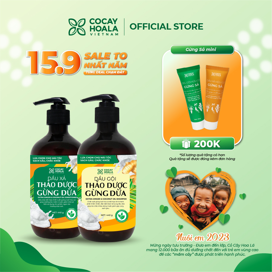Dầu gội xả thảo dược gừng dừa hữu cơ Cocayhoala giảm gàu