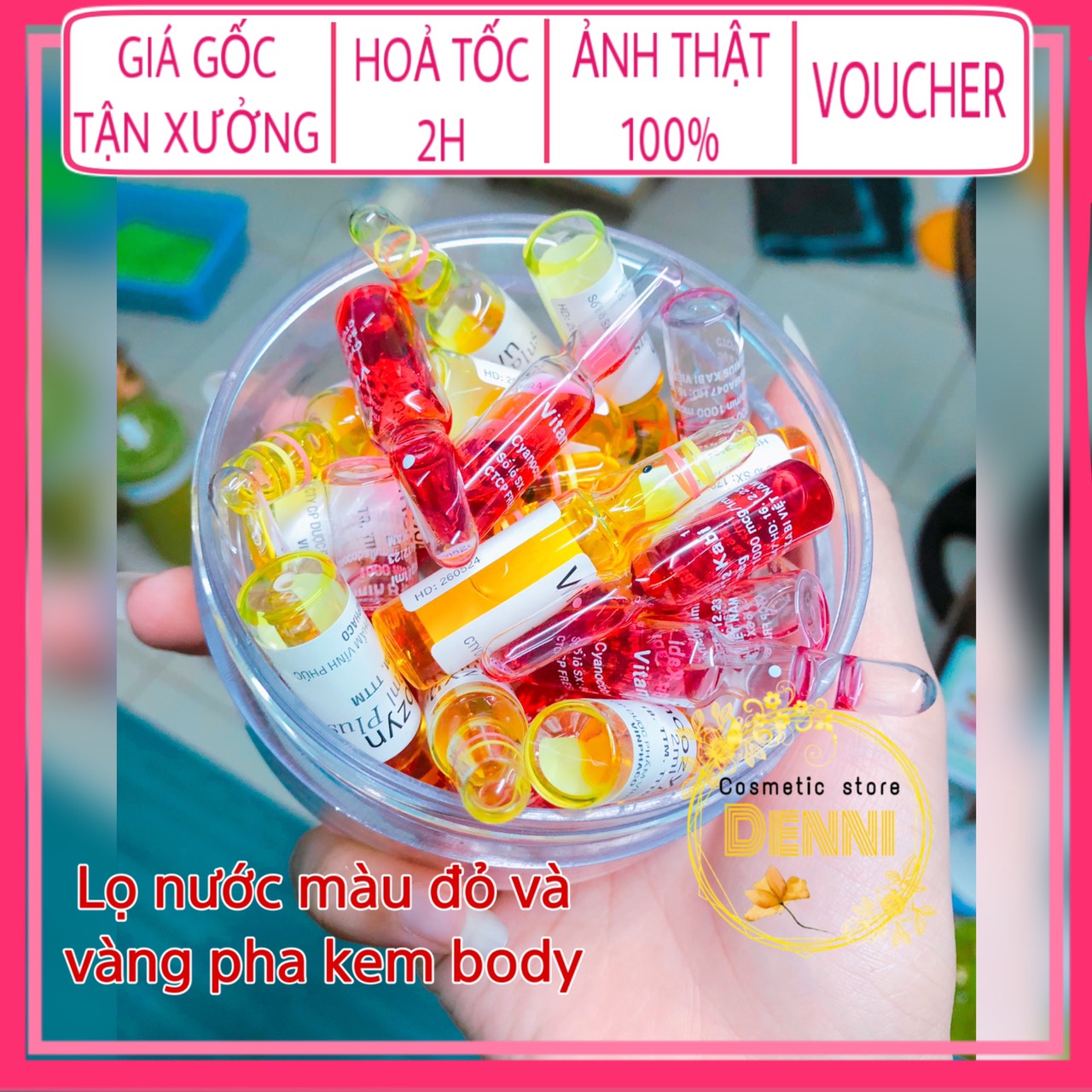 Lọ nước kích trắng màu đỏ và vàng pha kem