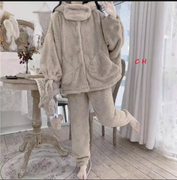 ) Bộ ngủ lông cừu tai gấu dễ thương, bộ ngủ lông gấu xám, bộ ngủ lông mặc nhà, bộ đồ mặc nhà nữ mùa đông, đồ ngủ nữ, bộ ngủ lông hàn quốc, bộ lông mặc nhà siêu ấm, BESTHOMEVIETNAM, áo lông nữ, quần lông nữ, áo lông xám