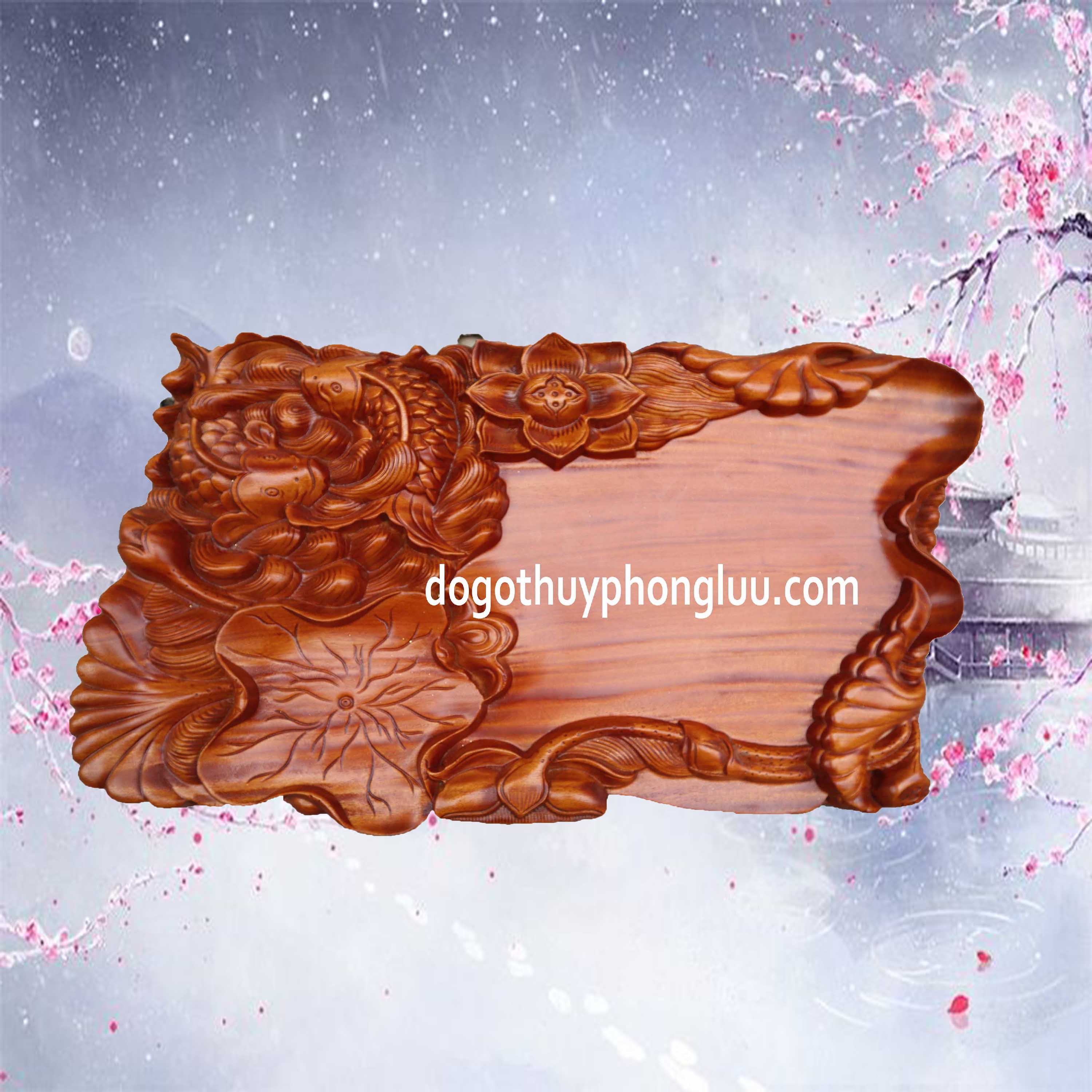 Khay trà lá sen cá chép nguyên khối gỗ hương dài 55x35x4