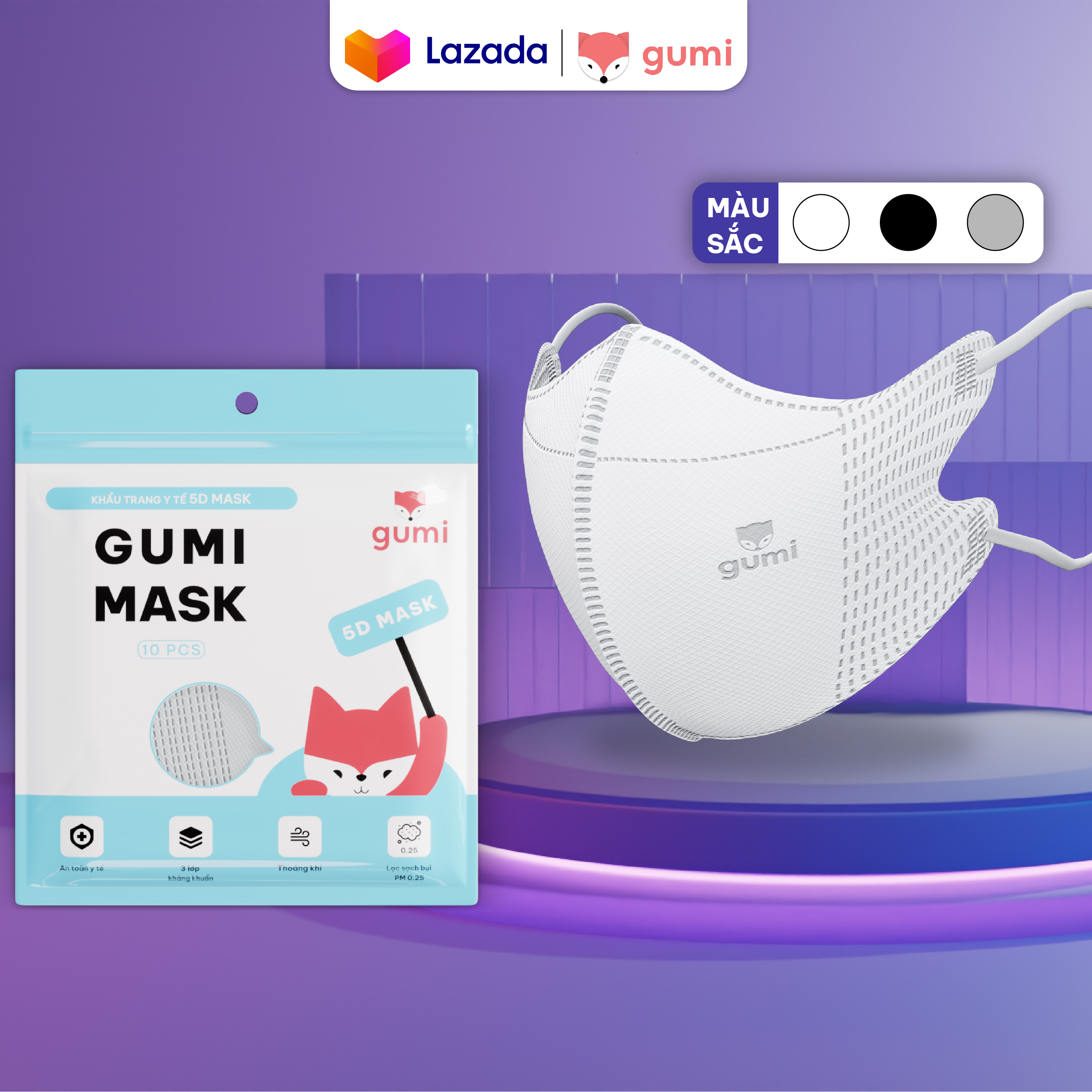 Khẩu trang y tế 5D Gumi mask 3 lớp kháng khuẩn lọc bụi PM 2.5