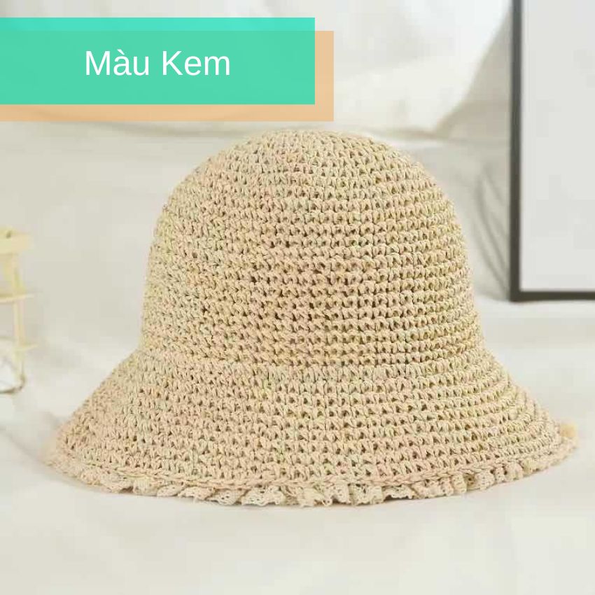 Mũ Bucket cói mềm viền ren nữ tính