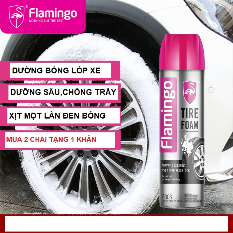 Bình xịt phục hồi và làm sáng bóng lốp xe Flamingo Tire foam (F003) chai lớn tiết kiệm hơn 650ml