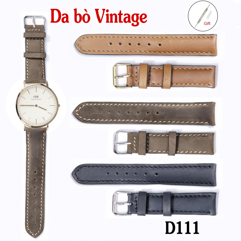 Dây đồng hồ nam da bò VINTAGE cao cấp, khâu tay thủ công, đường chỉ tinh tế, dùng được cho apple watch, 18mm 20mm 22mm 24mm, tặng tool tháo và chốt khóa bán chạy