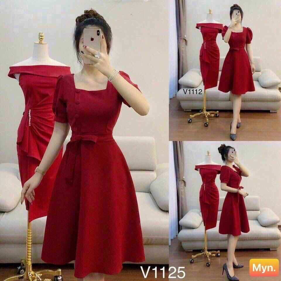 Đầm Cổ Vuông Nơ Eo Đính Nút