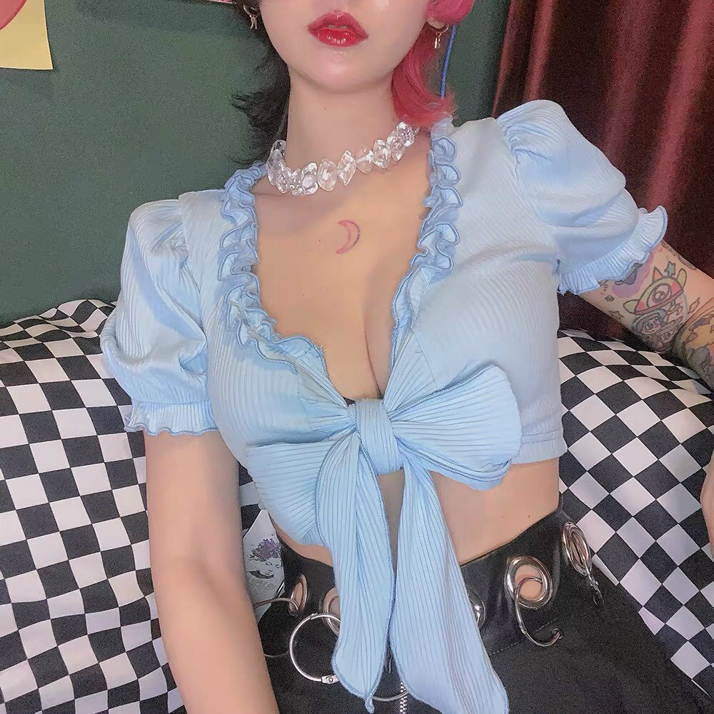 Áo thun gân viền bèo cột nơ ngực siêu xinh hot hit cho bạn gái, tôn dáng, siêu xinh đủ màu