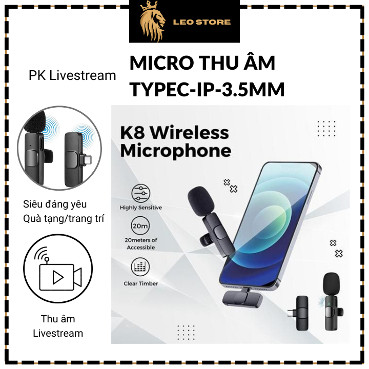 Micro thu âm không dây cài áo K8 – Khử Tiếng Ồn Cao Cấp – Khoảng Cách 20m Hỗ Trợ Quay Video Phát Trực Tiếp Điện Thoại