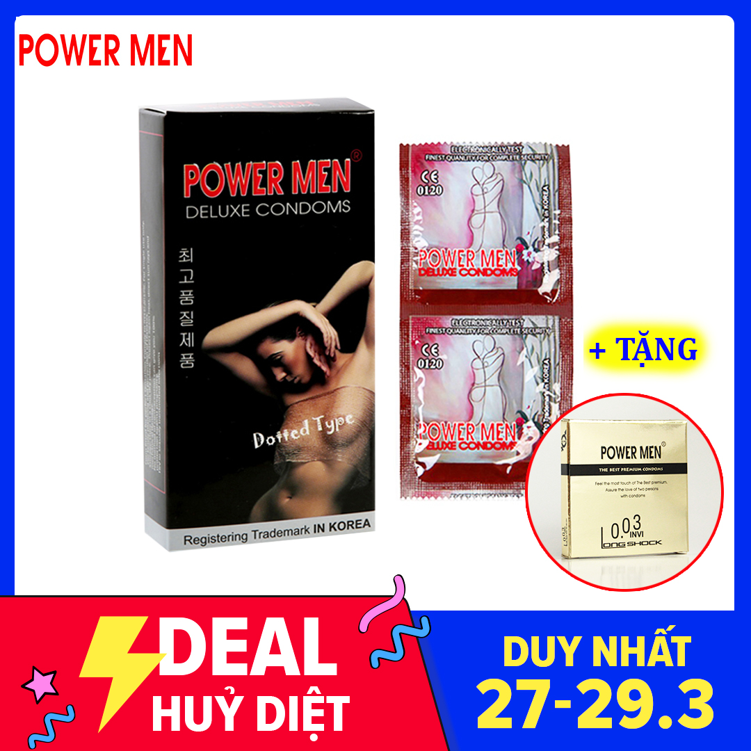 Hộp 12 bao cao su Powermen Tăng khoái cảm BCS dotted TẶNG kèm 1 chiếc bcs siêu mỏng kéo dài - bao cao su có gai size nhỏ ôm sát Powermen Dotted Type