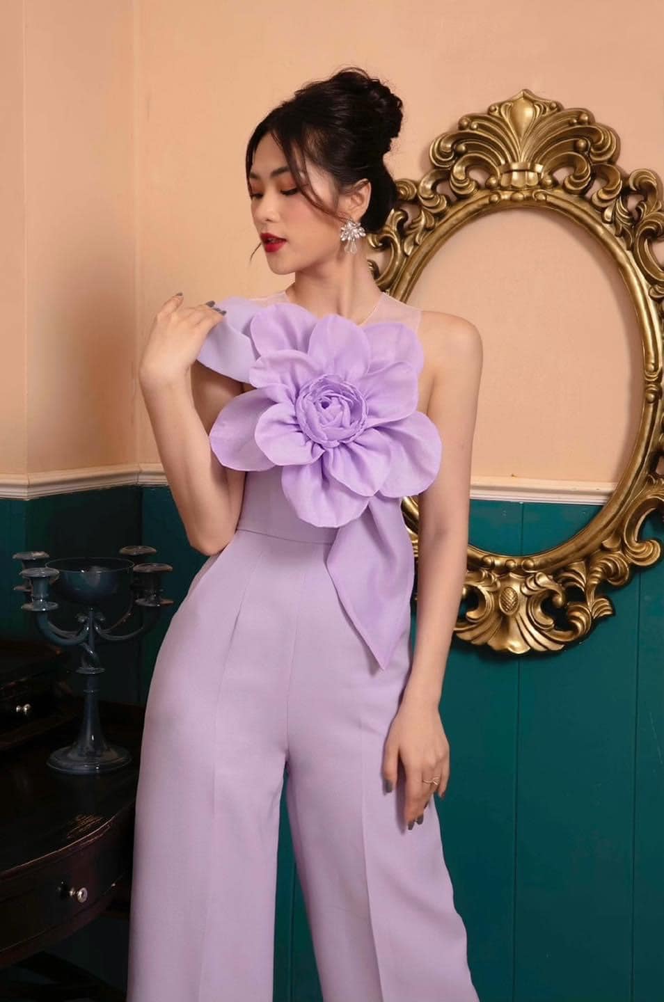 Jumpsuit hoa 3D PHỐI LƯỚI VAI