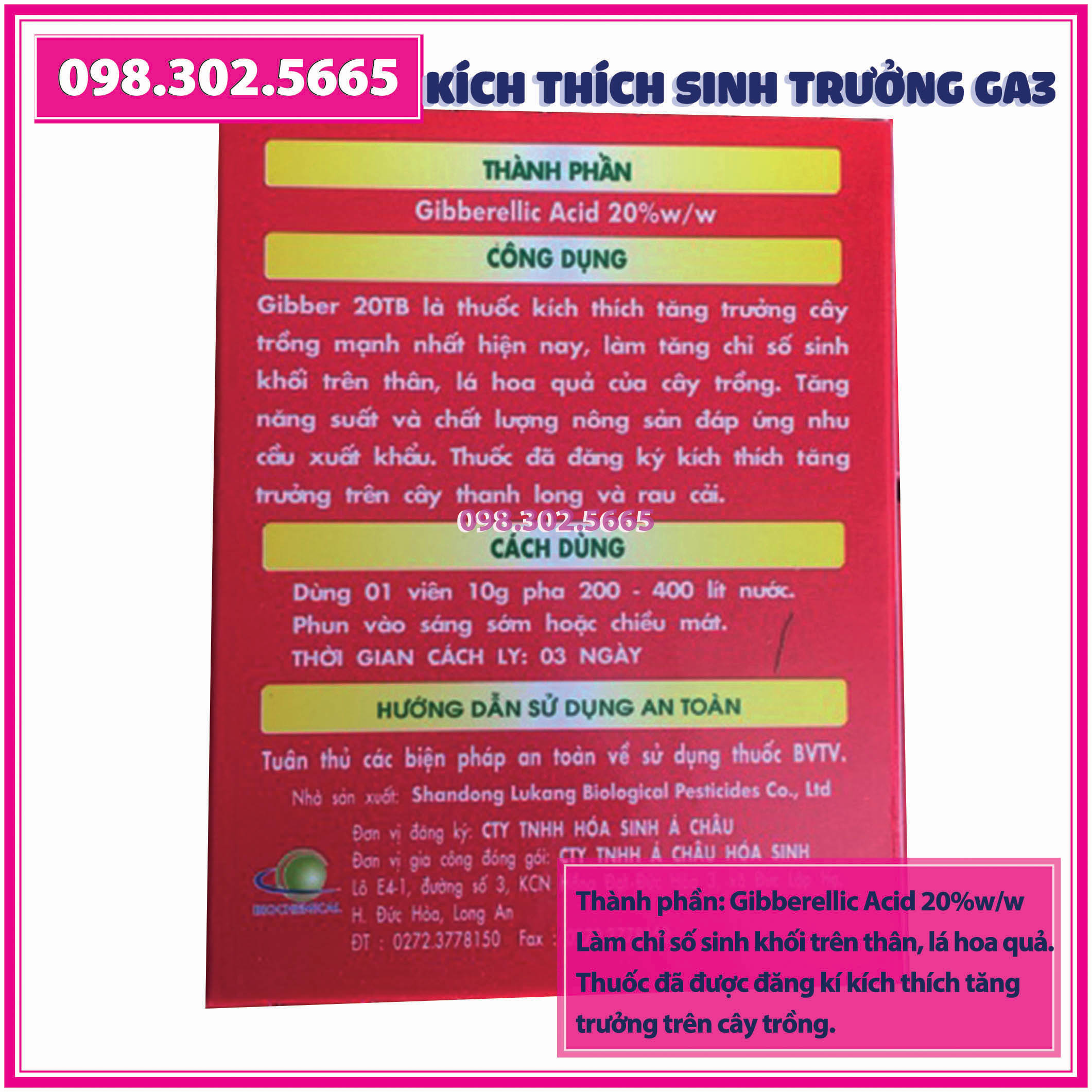 Kích thích sinh trưởng Viên sủi GA3 20TB