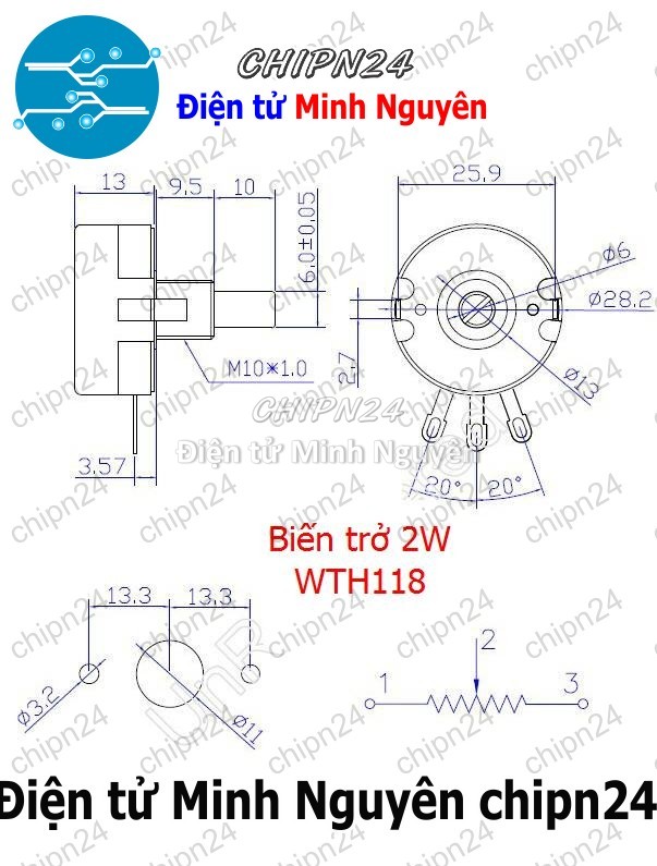 [1 con] (F152) Biến trở 2W WTH118 Trắng 10K (WTH118-2W 1A, Biến trở công nghiệp, Biến trở công suất) - HH002737