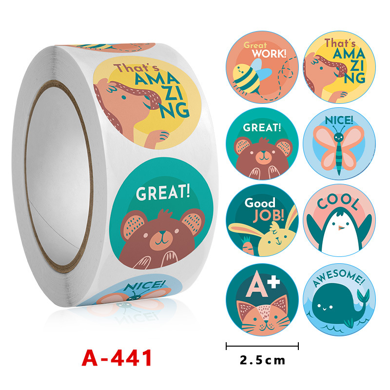 Cuộn 500 tem Sticker Khen thưởng Hình thú dễ thương cho bé - 2.5cm