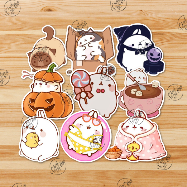 Combo 100 sticker thỏ MOLANG dễ thương chất liệu decal nhựa hình dán chống nước trang trí laptop điện thoại xe máy