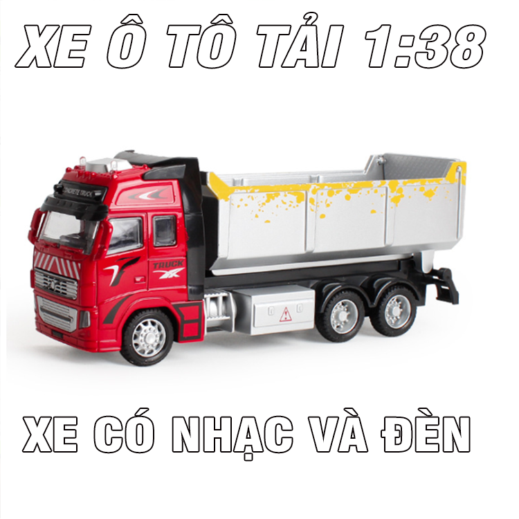 Mô hình xe tải ben chở hàng đồ chơi trẻ em tỉ lệ 1:38 xe có âm thanh và đèn đầu xe ô tô bằng sắt