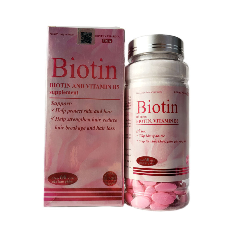 Viên Uống Biotin Bổ Sung Biotin, Vitamin B5  Giúp Giảm Rụng Tóc, Kích Mọc Tóc, Loại Bỏ Mụn Trứng Cá, Làn Da Trắng Hồng 60 viên