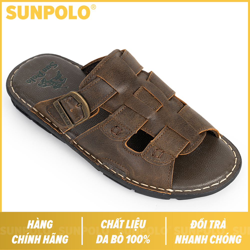 Dép quai ngang nam da bò cao cấp sunpolo aqn022 nâu bò