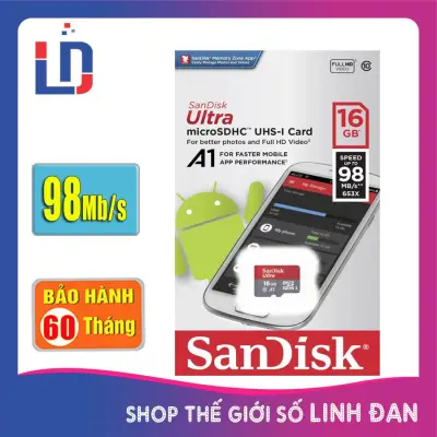 Thẻ nhớ micro SD sandisk Ultra A1 16GB class 10 U1 98Mb/s - New version - A1 16